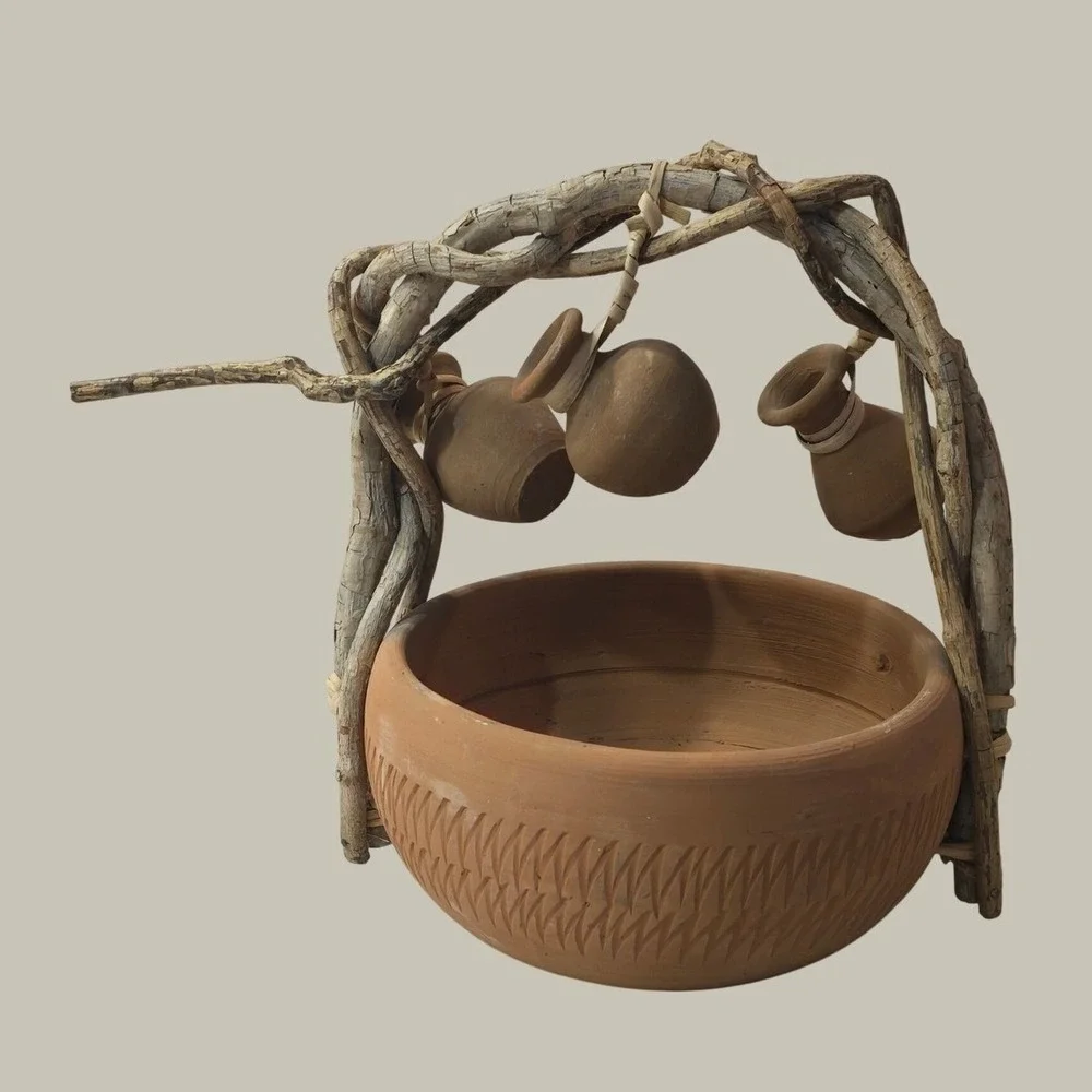 Handmade Terracotta Pottery Bowl with Driftwood Handle‎ and Hanging Mini Jugs